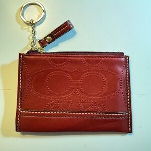 EUC Coach Leather embossed zip card holder with keyring- deep red color